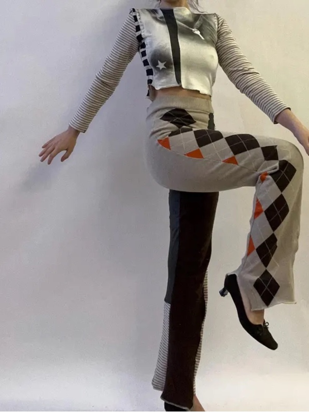 Women's Beige Argyle Panel Knit Pants
